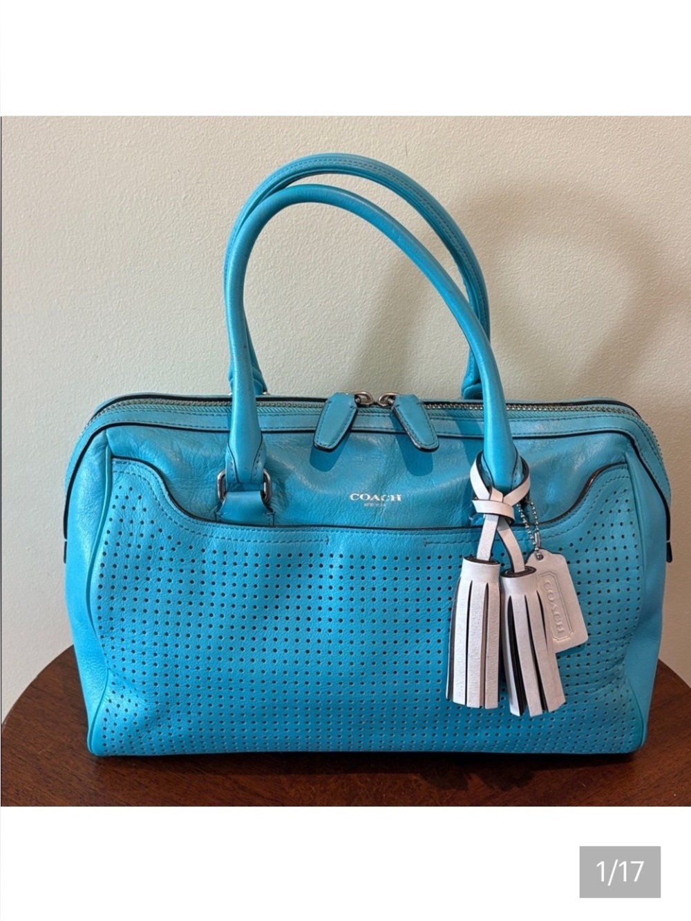 Coach  perforated leather Haley Satchel  turquoise/white tassels & hangtag Exce